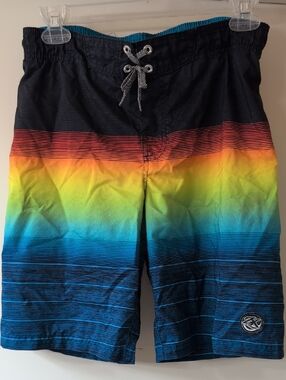 ZeroXposur Boys Black Blue Yellow Ombre Stripe Swim Trunks Board Shorts M 10/12